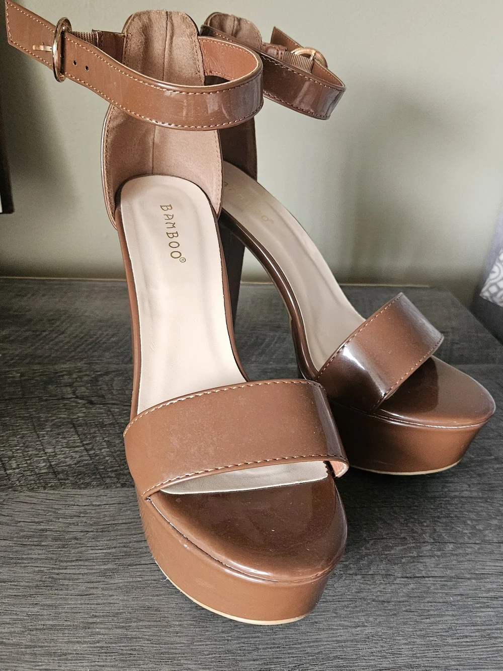 BAMBOO Brown Patent Platform Ankle-Strap Heels